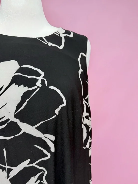 Anne Klein Sleeveless Black Floral Swing Dress with Pink Accents - Picture 2 of 8